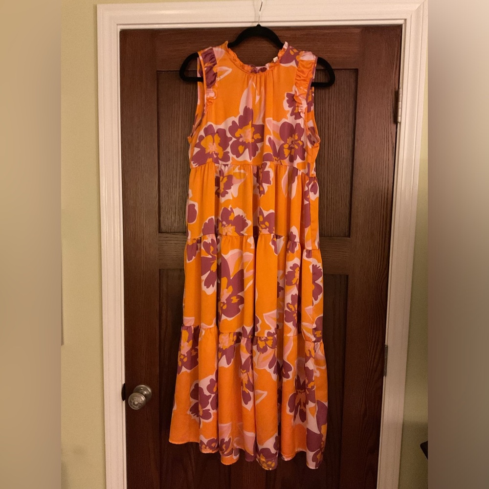 UMGEE Orange Floral Tiered Ruffle Sleeve Midi Dress Size M Boho Chic